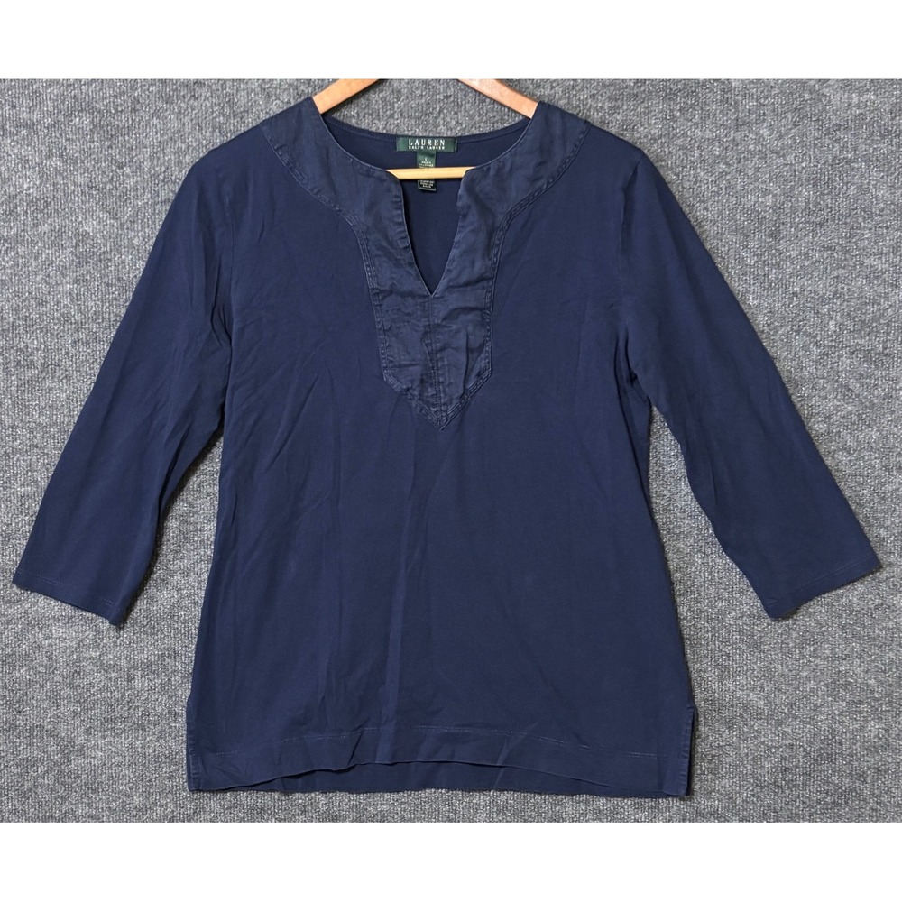 Lauren Ralph Lauren Womens Large Shirt Navy‎ Blue Split Neck 3/4 Sleeve Cotton